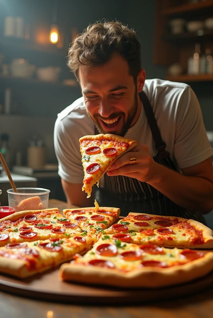 A sequence of photos where pizza is being prepared. then, A man eats a piece of pizza and the other pizzas get scared, They get angry and start an apocalypse