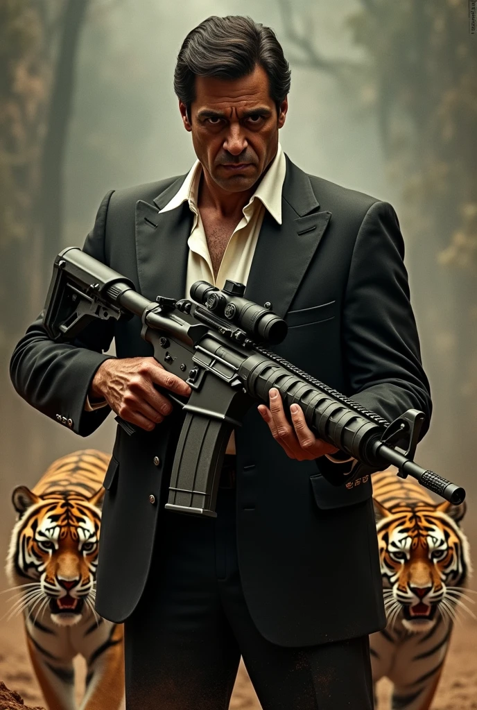 Tony Montana al Pacino scarface with tigers and a long m16 weapon with a grenade launcher in his hands