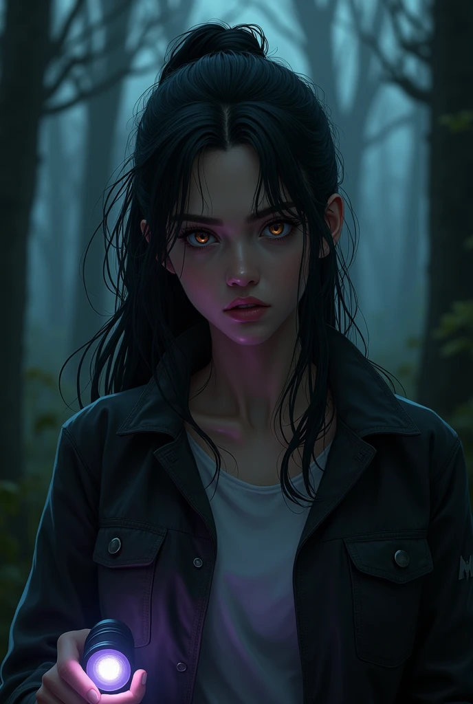 Serious 20 year old college student woman with dark expression with scared and scared sexy expression she has long and very dark hair, with a few purple lighting points. Eyes in a dark brown shade, she usually has a loose bun, wear clothes in neutral colors (usually makes a play with black and gray and white details, It has a kind of dark academia style, with a flashlight in his hand hiding in a forest, dc comics art style