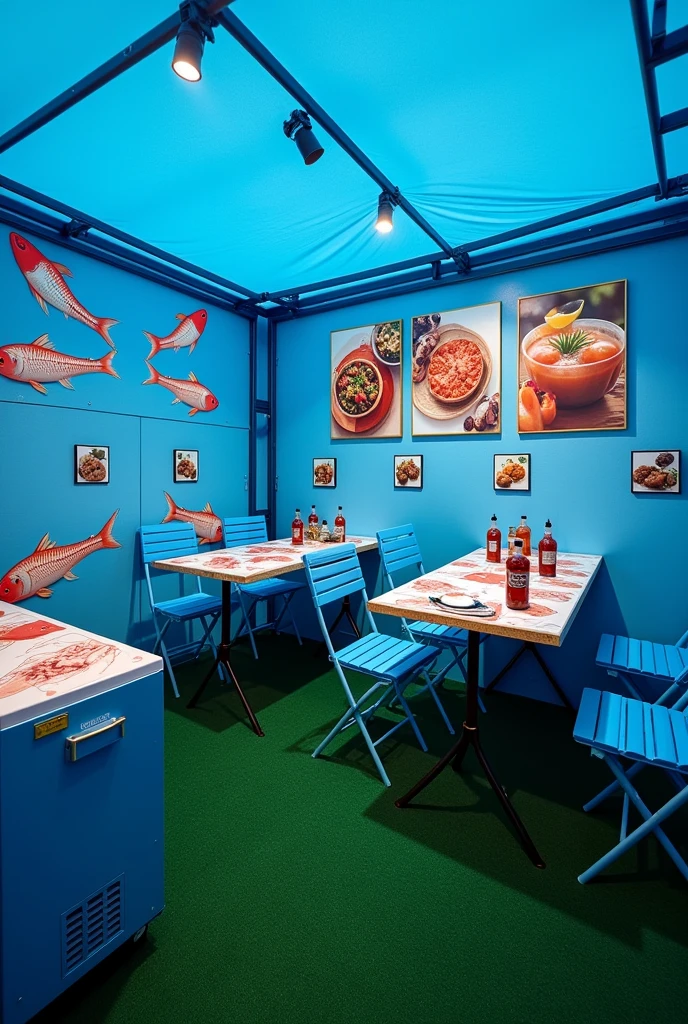 Design me a mobile business in the form of a folding and buildable tent measuring 3x3 in blue with the following specifications -1 FOLDING PREPARATION WORK TABLE WITH A COOLER ON THE TABLE ( TABLECLOTH WITH SEAFOOD DRAWING)
-2 TABLES FOR CUSTOMERS WITH 4 CHAIRS PER TABLE AND BOTTLES OF SEAFOOD SAUCES ON THE TABLE, CATSUP, TOAST AND COOKIES - ON THE WALLS OF THE TENTS THERE ARE PHOTOGRAPHS OF : SEAFOOD COCKTAIL, FISH CEVICHE AND AGUACHILE - THE FLOOR WILL BE MADE OF GREEN SYNTHETIC GRASS - THE CARP WILL BE BLUE
