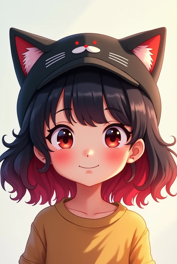 Girl with medium wavy red and black hair wearing a cat-shaped hat animation