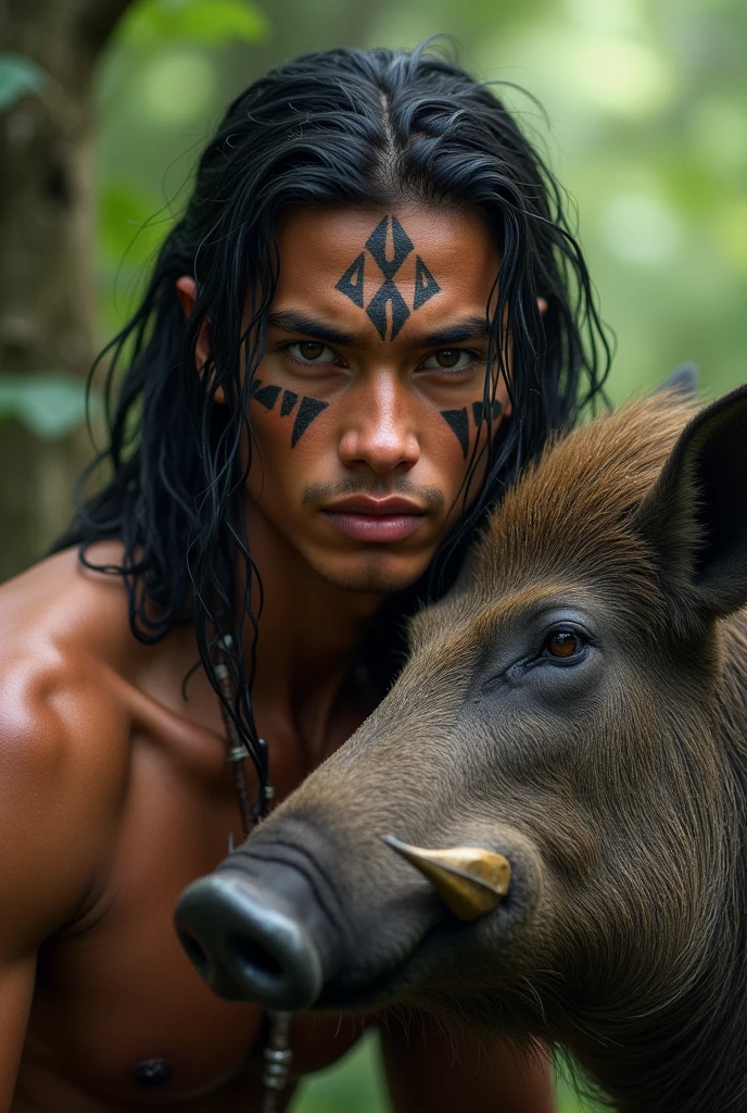 A age indigenous man with fiery eyes with a wild boar