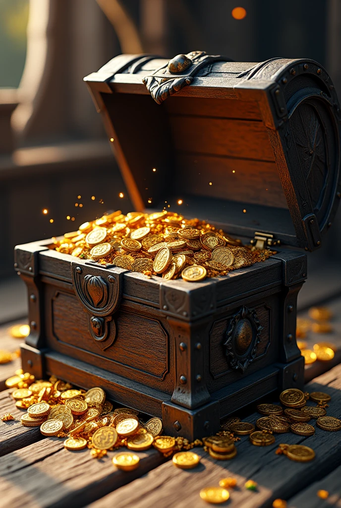 an old pirate treasure chest with golden coins and jewels spilling out of the half-open lid with a wooden background like the deck of an old pirate ship