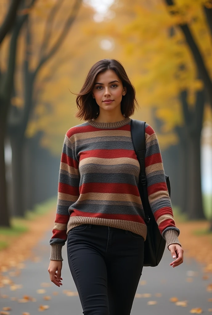 1 Brazilian woman, 150 cm tall, 77 cm bust, light to medium skin, medium brown eyes, medium brown hair, short straight silky, triangular face with medium facial features, walks calmly along a tree-lined avenue on a blue morning in early autumn, She is wearing a long-sleeved striped wool blouse of various colors and black jeans and she is carrying a backpack on her back. Show her from the front.