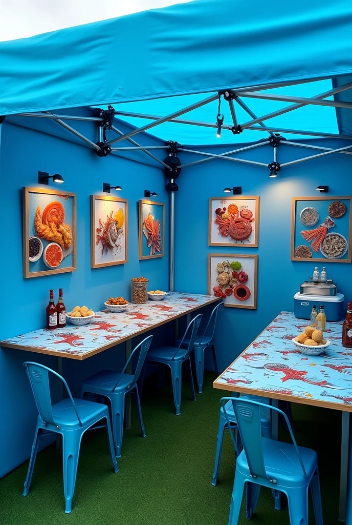 
Design me a mobile business in the form of a folding and buildable tent measuring 3x3 in blue with the following specifications -1 FOLDING PREPARATION WORK TABLE WITH A COOLER ON THE TABLE ( TABLECLOTH WITH SEAFOOD DRAWING) 
-2 TABLES FOR CUSTOMERS WITH 4 CHAIRS PER TABLE AND BOTTLES OF SEAFOOD SAUCES ON THE TABLE, CATSUP, TOAST AND COOKIES - ON THE WALLS OF THE TENTS THERE ARE PHOTOGRAPHS OF : SEAFOOD COCKTAIL, FISH CEVICHE AND AGUACHILE - THE FLOOR WILL BE MADE OF GREEN SYNTHETIC GRASS - THE CARP WILL BE BLUE
