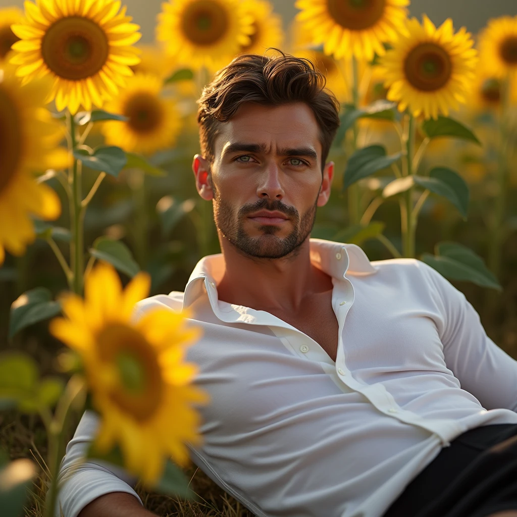 makes image of a white man, aged 35, model type, with short dark hair, with blue eyes, wearing a shirt buttoned up to the neck, posing sideways, wearing black boxers, lying in a field of sunflowers in Alentejo