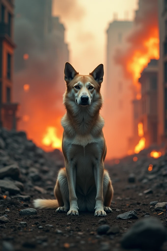A dog sitting calmly while everything around it is destroyed and on fire