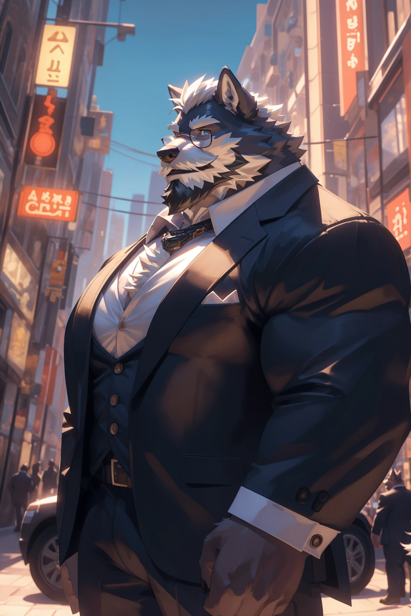 1boy, 1man, solo,  (furry wolf), (face, detailed face, bearded, white beard, thick mustache), (glasses), city, extremely huge muscular, massive muscular , sixpack , (suits), well-muscled old man. ((extremely muscle size, super thick arms, huge pec, hyper pec, bigger chest, extremely wide pectoral , huge arms)), wide smiling. Add textures and details to make the image more realistic, such as the appearance of the. Make sure the resulting image is high resolution, 8K quality