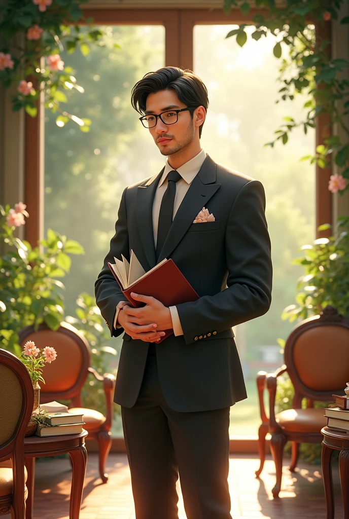 A tall man with a fit, build with strong uper torso and fit lower body and fair skin that has a subtle, pinkish glow stands confidently. His clean-shaven with no mustache, beard on the face is defined by a sharp jawline, and his calm, honey-brown eyes exude a sense of lightness and innocence with glasses. His black hair, styled in a princely cut, features bangs that gracefully drape across his forehead.
He is dressed in a gentleman attire, adding a touch of elegance to his appearance. In his hands, he holds several books. The setting around him is a beautiful, lush garden where sunlight streams through large windows casting a warm glow over the rows of elegant flowers and rich wooden chairs for tea.
