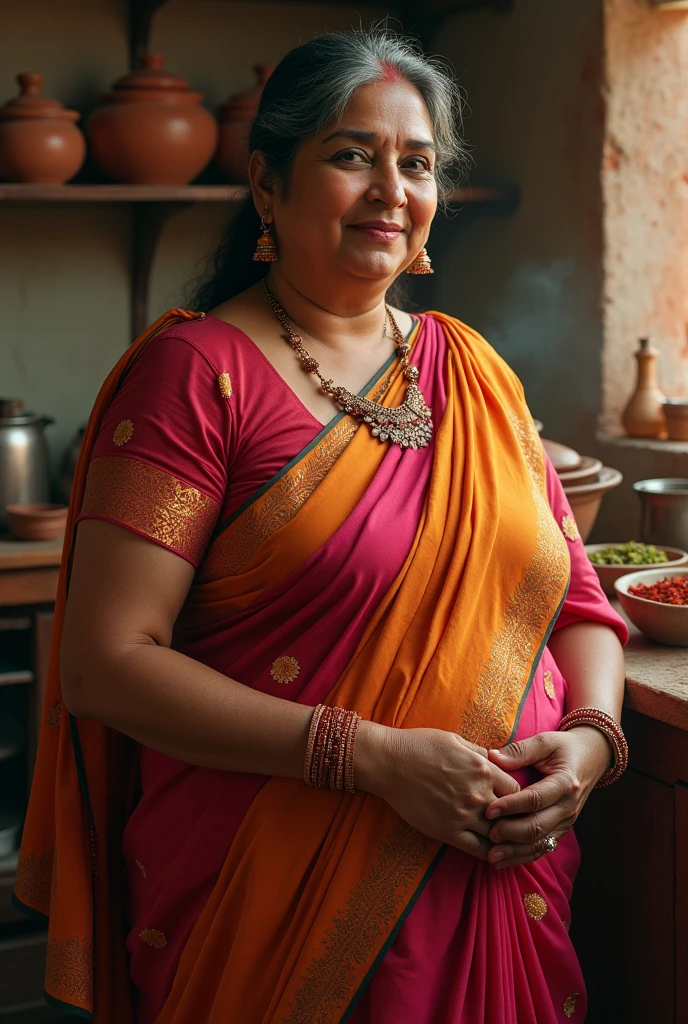 Indian mom ,big boobs, saaree, background kitchen