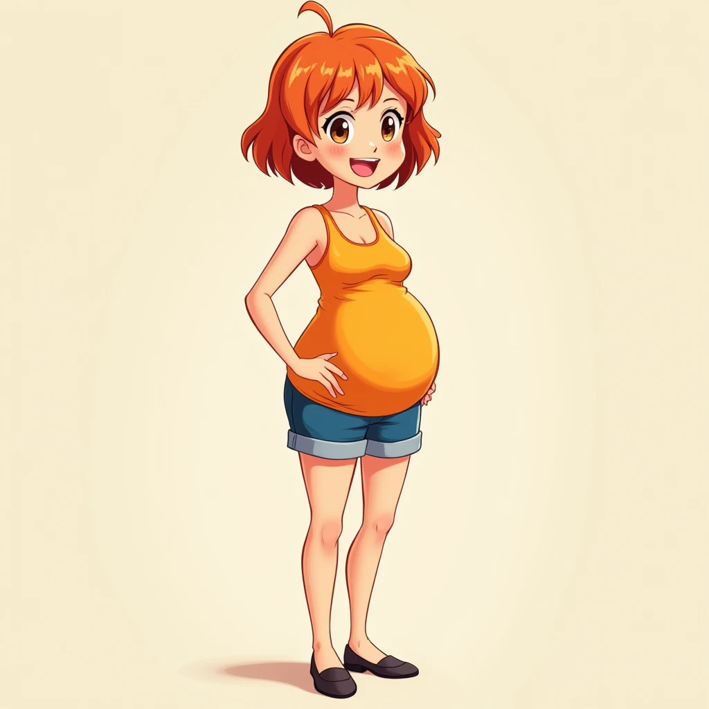 a cartoon girl, anime girl, cell shaded adult animation, shorts, orange hair, solo, short hair, smile, full body, 4k hd, legs visible, tall, blue shorts and an orange tank, brown eyes, 1girl, in black Flats, 4k hd, big breasts, pregnant girl