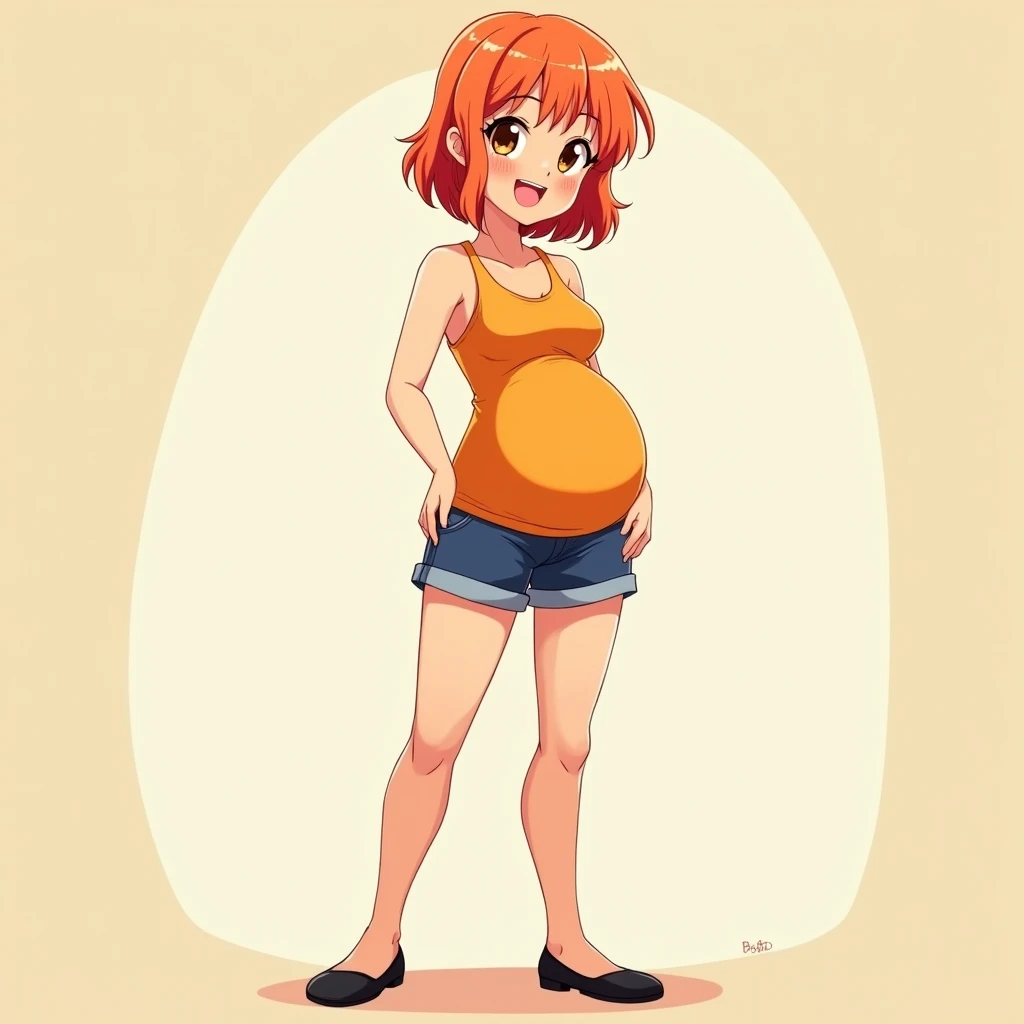 a cartoon girl, anime girl, cell shaded adult animation, shorts, orange hair, solo, short hair, smile, full body, 4k hd, legs visible, tall, blue shorts and an orange tank, brown eyes, 1girl, in black Flats, 4k hd, big breasts, pregnant girl