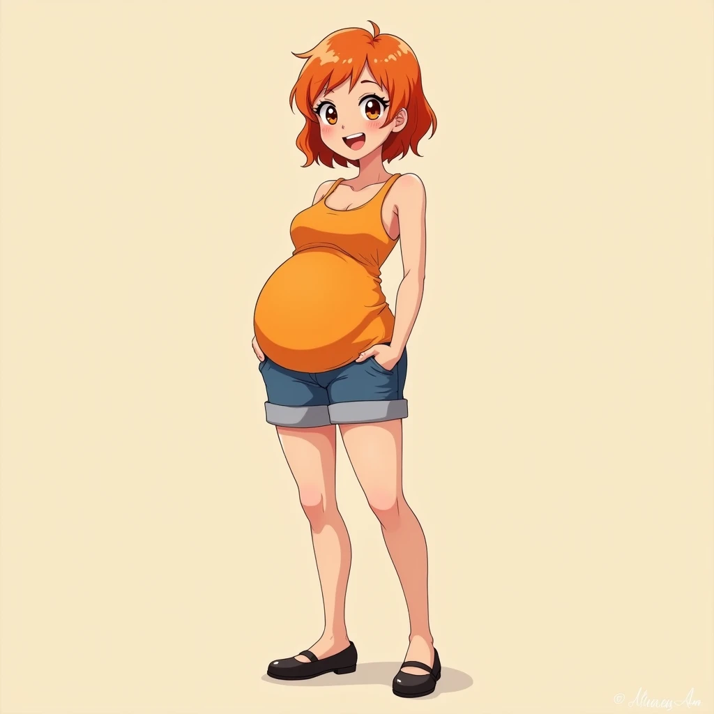 a cartoon girl, anime girl, cell shaded adult animation, shorts, orange hair, solo, short hair, smile, full body, 4k hd, legs visible, tall, blue shorts and an orange tank, brown eyes, 1girl, in black Flats, 4k hd, big breasts, pregnant girl