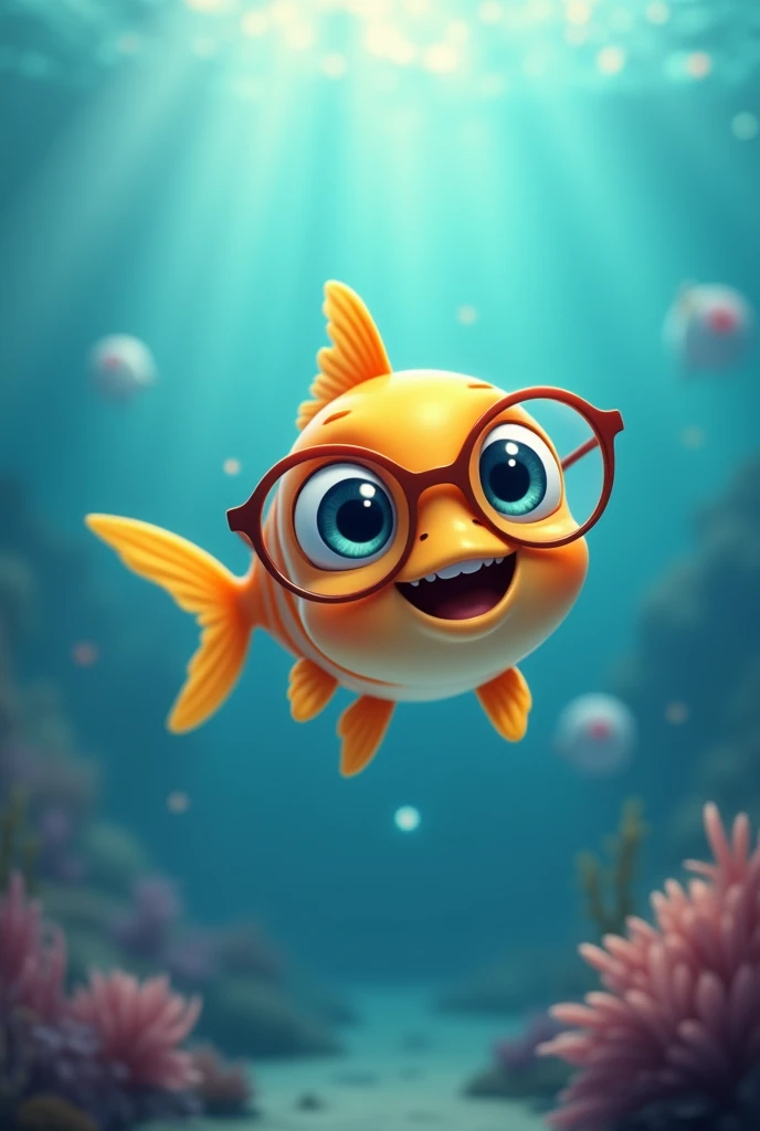 (Daisaku),(extrem),(ultra detali),(rusa:1.6),（1 cute little fish：1.8）,rays of sunlight,adorable,lesbian full body，cerulean,(Big head:1.6),he used to smile,having fun,in the deep sea, wearing glasses, beautiful wide eyes color,bblurry,(A detailed face),(A detailed eye),