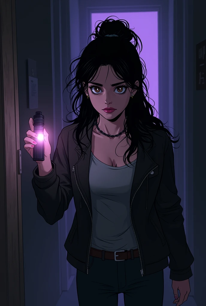 Serious 20 year old college student woman with dark expression with scared and scared sexy expression she has long and very dark hair, with a few purple lighting points. Eyes in a dark brown shade, she usually has a loose bun, wear clothes in neutral colors (usually makes a play with black and gray and white details, It has a kind of dark academia style, with a flashlight in his hand exploring a bottomless mystery, dc comics art style