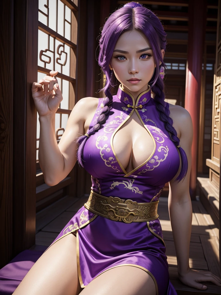 Beautiful Caucasian woman. Fitness body. Big round breasts. Just a woman. Alone. Western woman. Long hair with 1 braid. Purple hair. Bright purple eyes. Woman cosplaying as a kung fu fighter. She is wearing a traditional Chinese cheongsan dress in purple with a dragon print on the front. She is in a Chinese temple. The woman has a facial expression. Dynamic lighting. Dynamic shadows. High resolution.