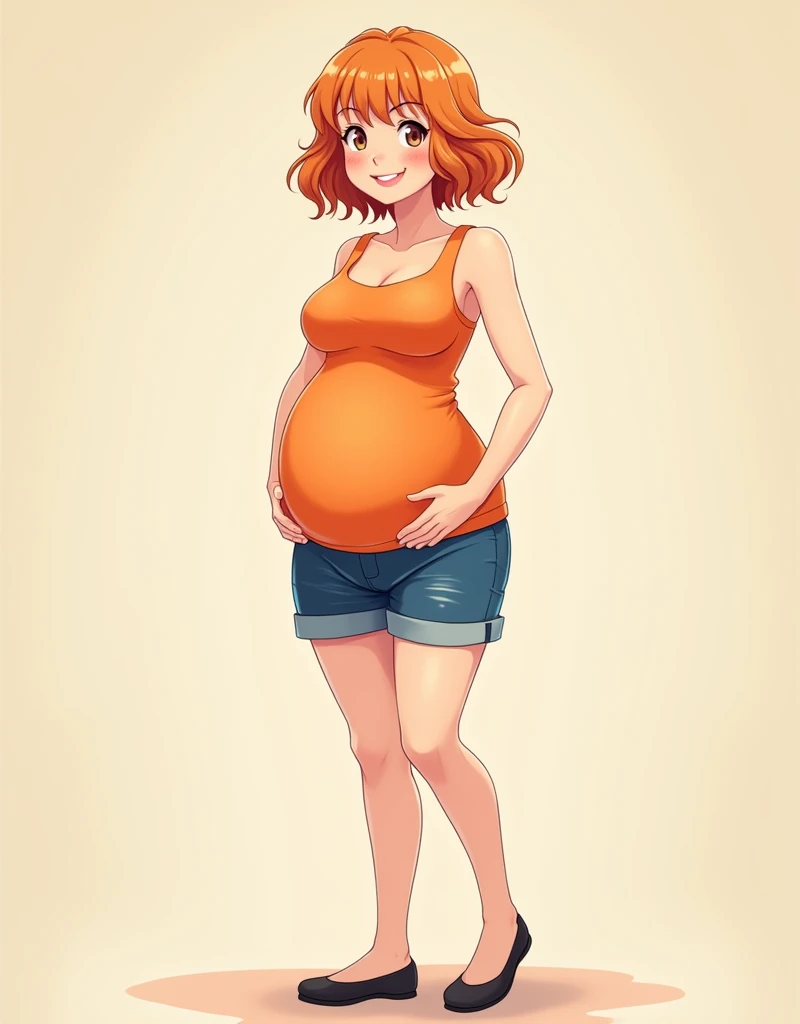 a cartoon girl, anime girl, cell shaded adult animation, shorts, orange hair, solo, short hair, smile, full body, 4k hd, legs visible, tall, blue shorts and an orange tank, brown eyes, 1girl, in black Flats, 4k hd, big breasts, pregnant girl