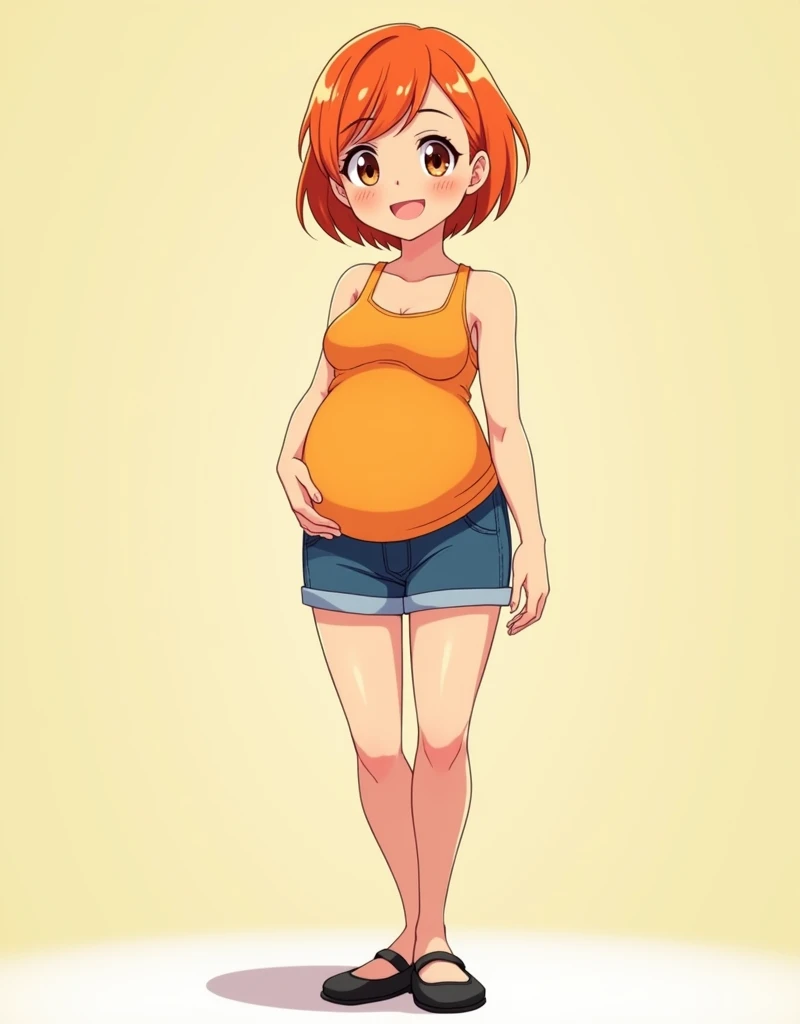 a cartoon girl, anime girl, cell shaded adult animation, shorts, orange hair, solo, short hair, smile, full body, 4k hd, legs visible, tall, blue shorts and an orange tank, brown eyes, 1girl, in black Flats, 4k hd, big breasts, pregnant girl