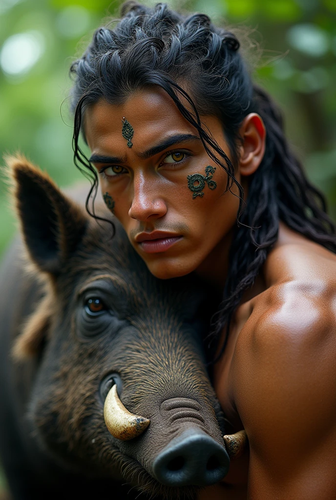 A teenage indigenous man with fiery eyes with a wild boar 