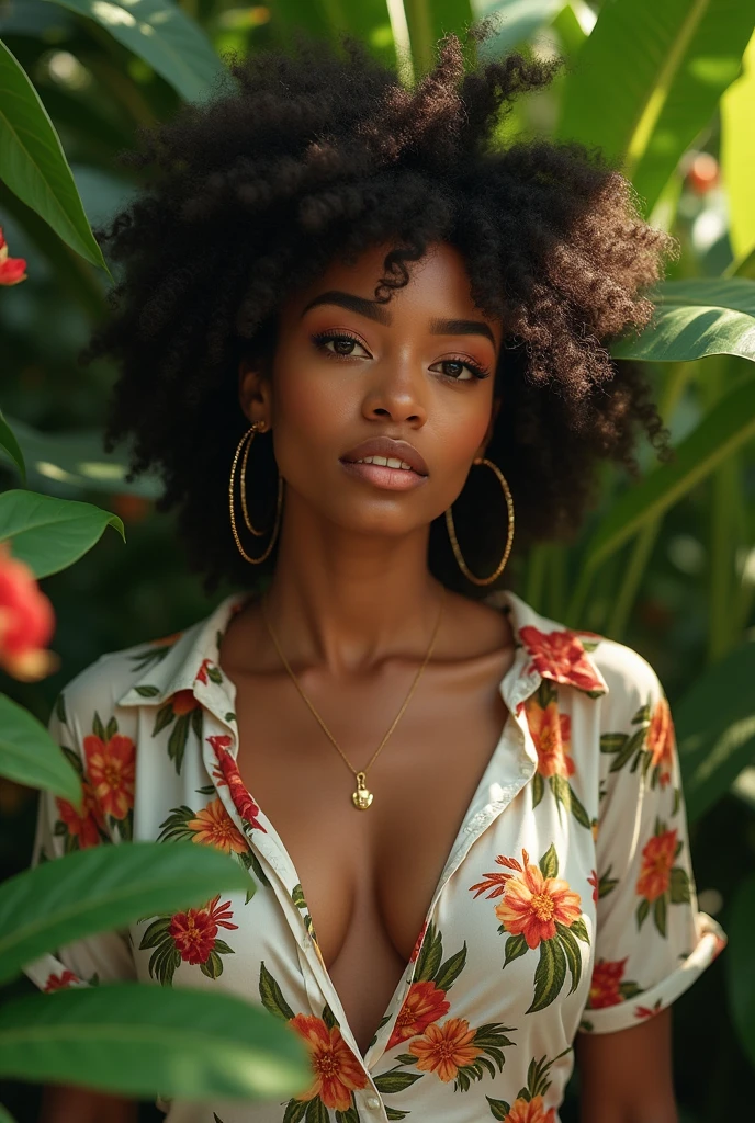 A Brazilian woman in a lush tropical garden, wearing an open shirt with a floral print, with a close-up capturing the harmonious beauty between her breasts and the natural flowers, showing off your natural charm and outgoing personality.