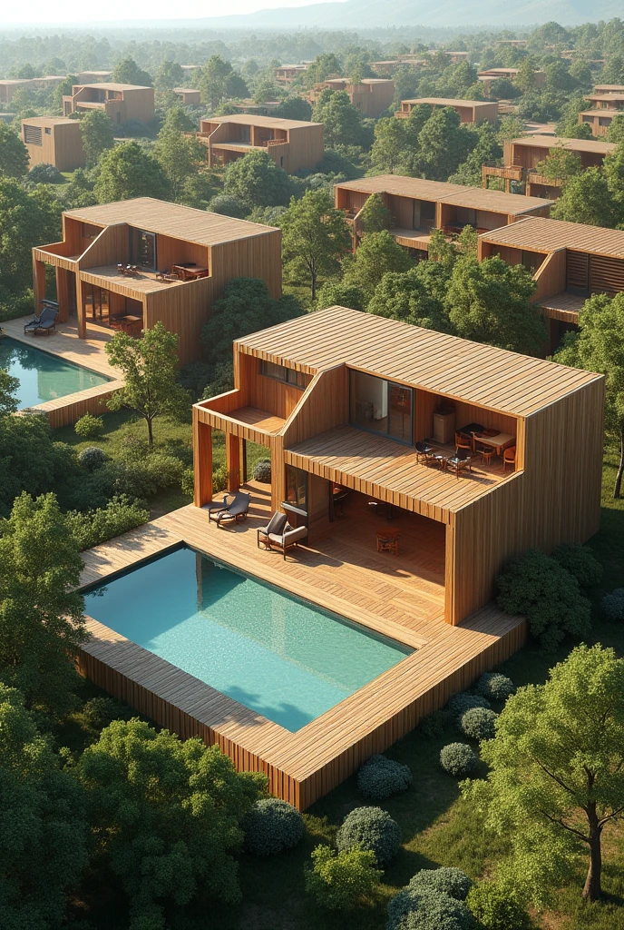 A residential with houses, parks and swimming pools made only of wood. A house with innovative aesthetics, modern, cozy and efficient