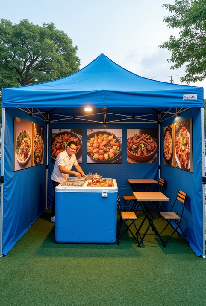 I would like you to make me a 3x3 tent as if it were a small street business to sell prepared seafood. I would like the tent to be blue and for it to be a closed tent and where the walls of the tents are.. There would be photographs of paintings of seafood dishes and that the tent is 3 m by 3 m, that is to say, maximum one work table(Folding table with a blue tablecloth and on the table a cooler with the seafood inside with which it will be prepared (In the form of a table for the trainer and a maximum of two tables for the Clients with chairs for 4 people, but still with the synthetic grass below