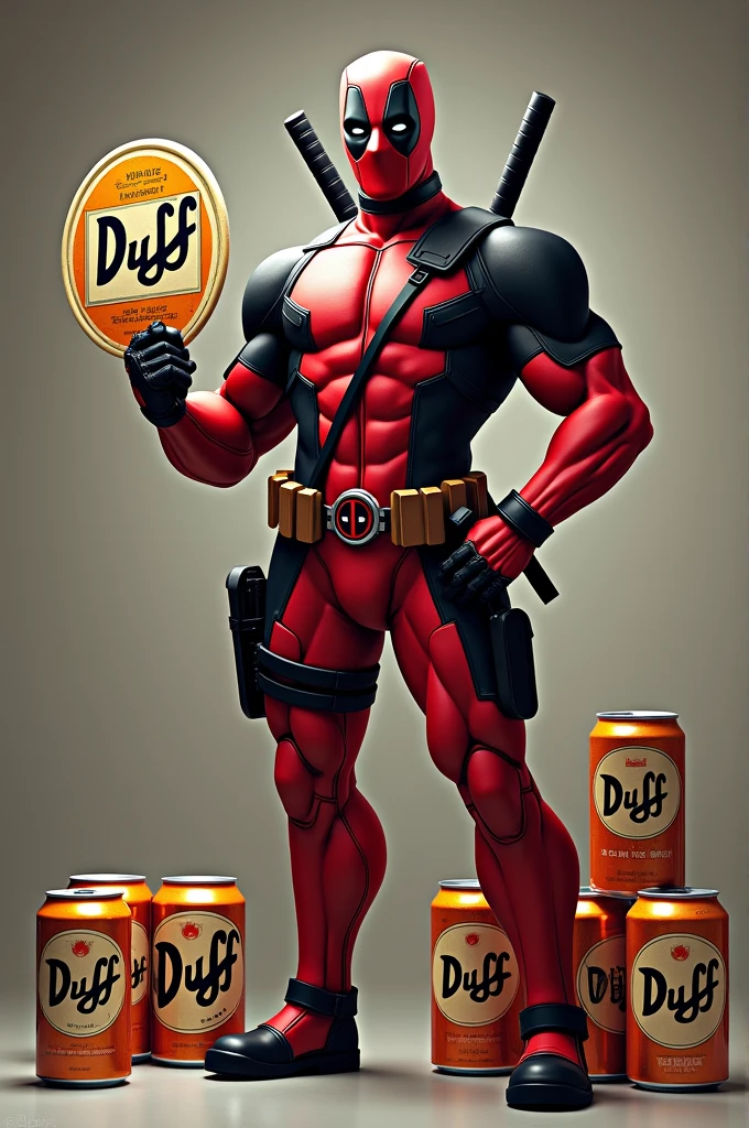 Deadpool holds a DUFF brand logo and beer cans next to it 