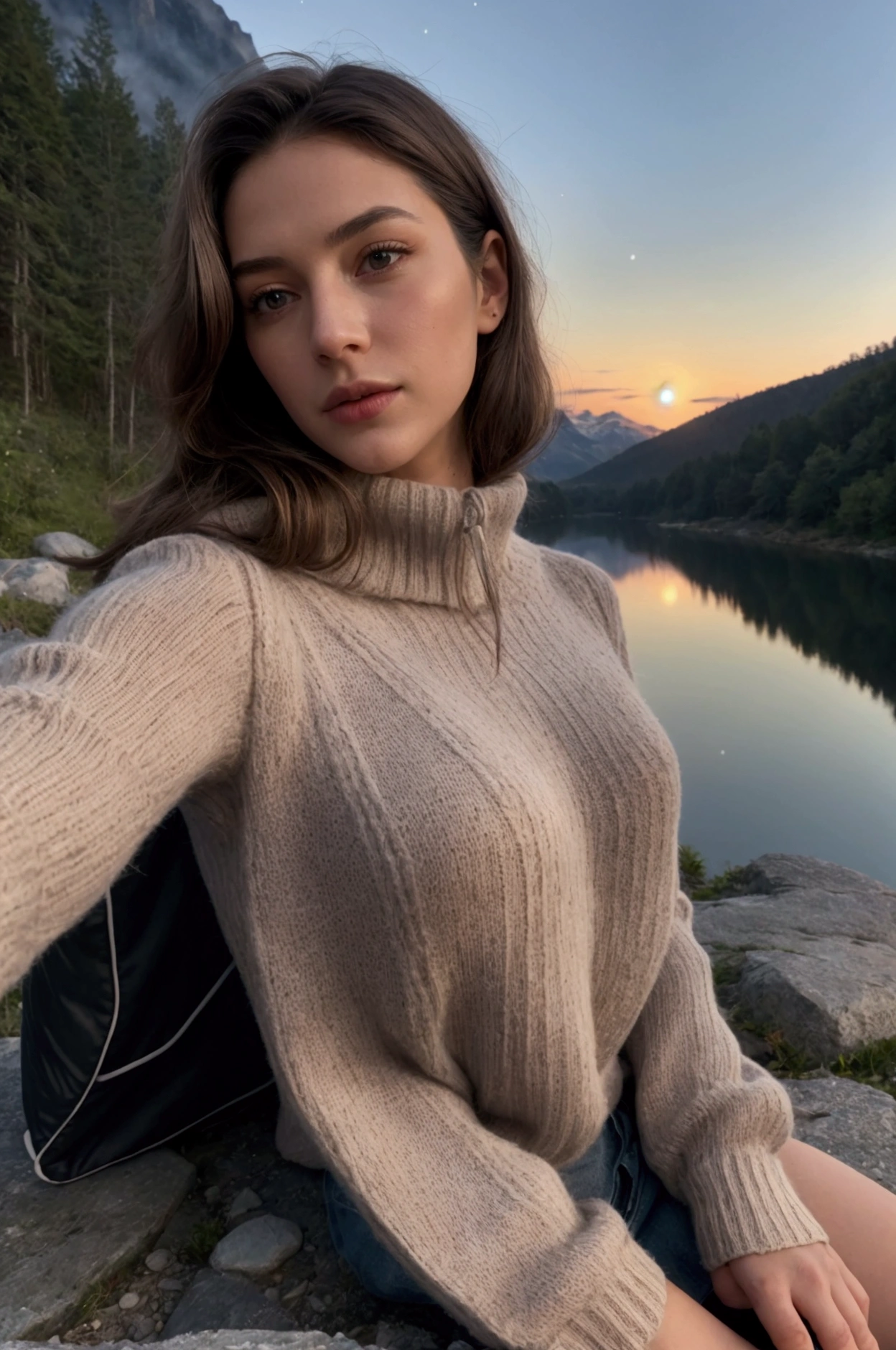 Photorealistic, best quality, super detailed, lovely woman, photo de selfie, Haut du corps, bare, porter un pull, En plein air, (nuit), mountains, true nature, stars, moonlit, (joyeux, blissful), sleeping bag, gants, Pull-over, bonnet, flash light, forest, rocks, river, Wood, Smoke, brouillard, ciel clair, analog style, regarder le spectateur, Texture de la peau, grain de film, toe, ultra haute résolution, best shadow, BRUT, LUT Instagram