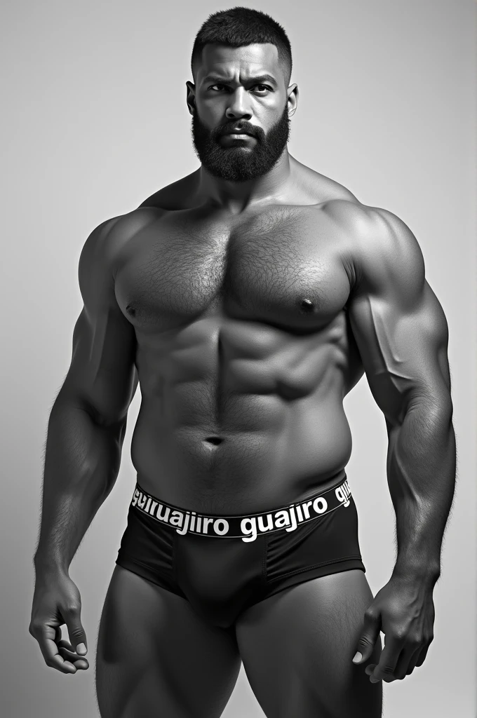 Strong, hairy mixed-race man in black and white underwear with an elastic band that says “GUAJIRO” in big capital letters.