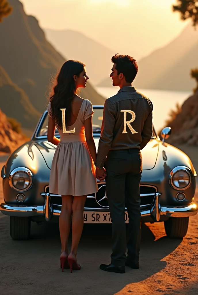 couple holding letter l and r in front of beautiful car showing their back