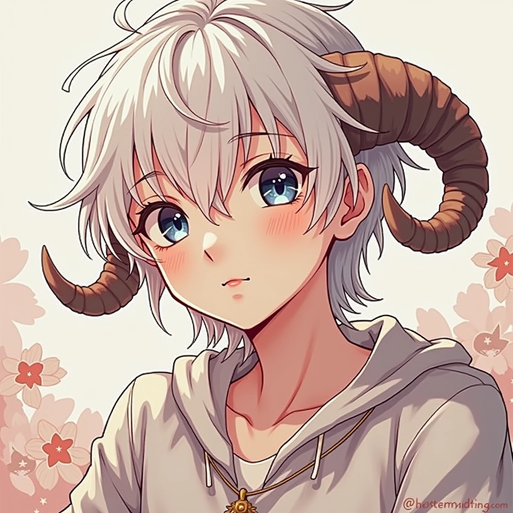 ((best qualityer)), ((work of art)),((oc)), (detailded), 1 boy, slightly wavy white hair, navy blue eyes, Caucasian skin, small curved sheep horns, sheep ear
