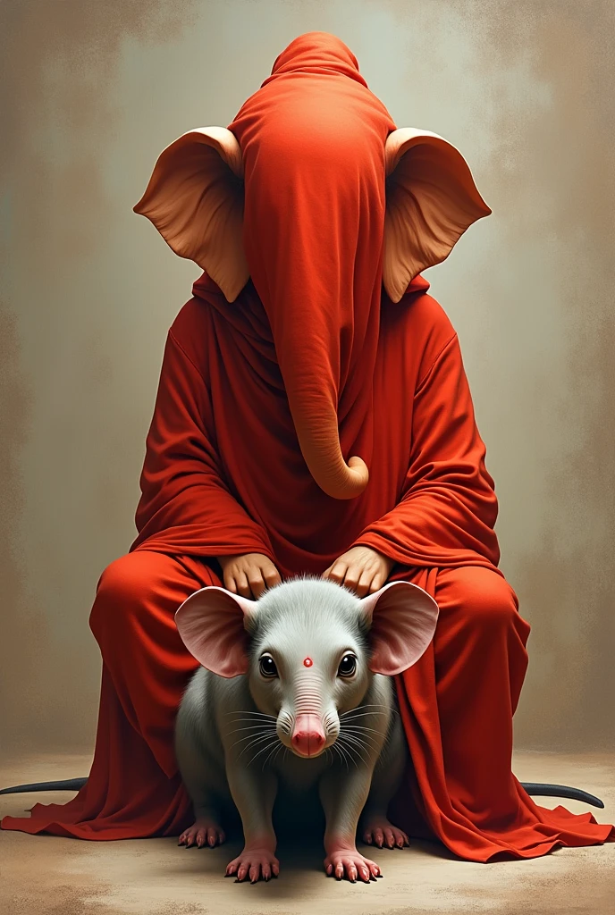 Ganesh sitting on rat and head covered with red cloth only face and eyes
