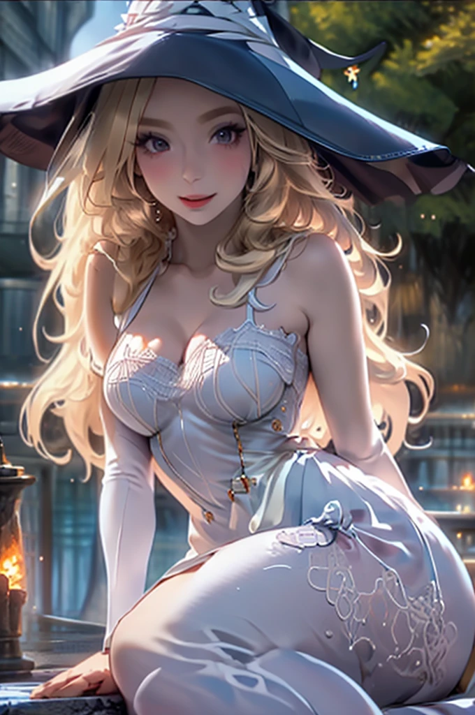 (masterpiece, best quality, detailed glossy skin: 1.2), flawless, 8k, RAW, highres,1girl, petite, medium breasts, long hair, blonde hair, (witch hat), (light smile), purple eyes, (star-shaped pupils), (underwater, algae, aquarium), looking at the viewer, solo, alice in wonderland short dress, (no panties), long socks, transparent white socks, broom, floating,  Rim lights, cinematic lighting, ((splash water)), cross-legged, side pose