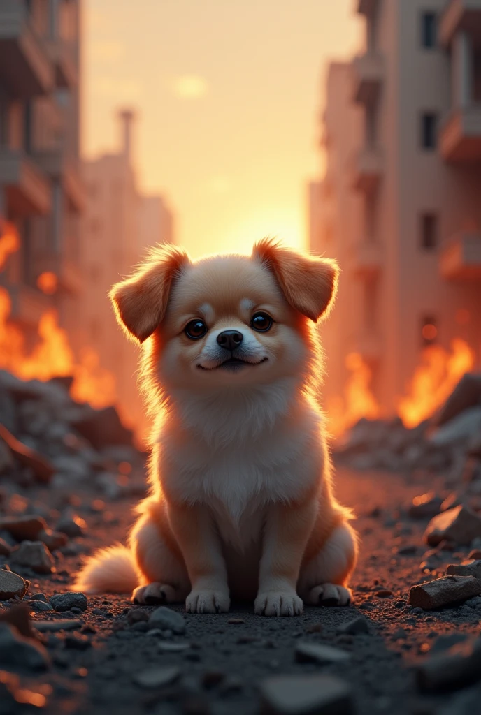A cute dog sitting calmly while everything around is destroyed and on fire
