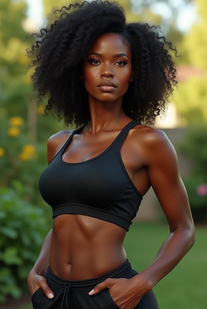 a beautiful black woman with big breasts wearing tight athletic clothes, detailed face features, muscular athletic body, photorealistic, 8k, high quality, art by artgerm and greg rutkowski, natural lighting, dynamic pose, outdoor garden setting