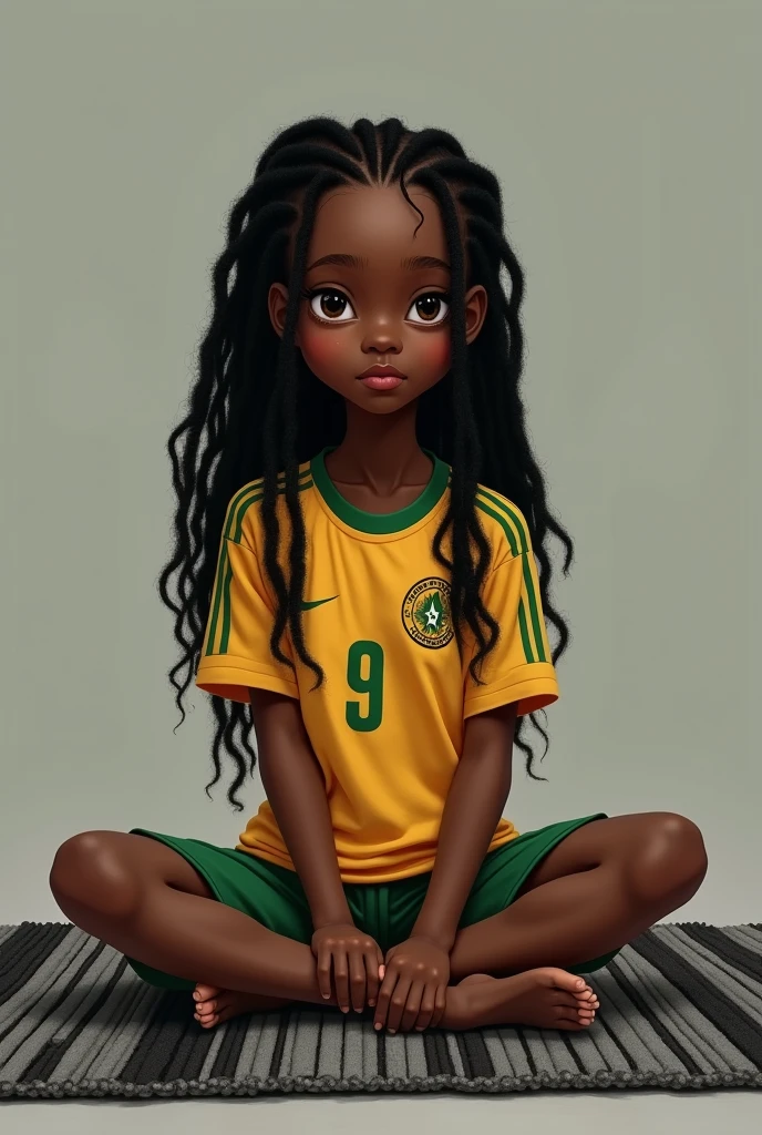 Dessiner une fille noir avec un long front, des rasta assise par terre sur un tapis gris noir avec un maillot de foot du cameroun