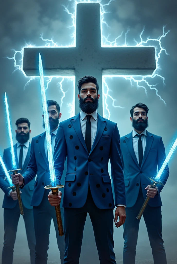 young standing men with a black beard,wearing blue suit,black tine dots on the suit,a white shirt and Black tie, a cross behind the man, lightning all over the place,all of them holding a blue sword