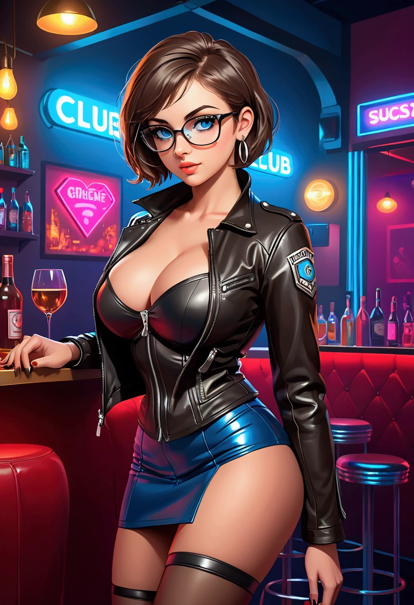 20 years old woman, Short brown hair, Méditerranéenne aux blue eye, Generous and heavy breasts, slender waist, estomac defini, fesses rebondies et pulpeuses, naturally curved, muscular thighs, aguicheuse, on a night-club , leather mini skirt and bustier , leather jacket, lunettes , earrings, blue eye,