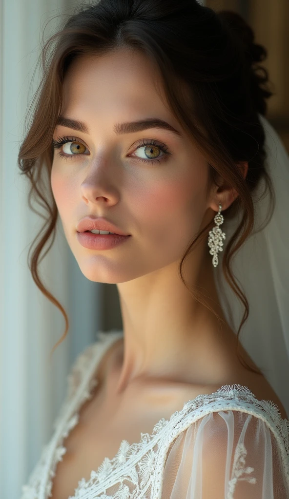 a close up of a woman with a wedding dress and earrings, a picture by Roman Bezpalkiv, shutterstock, art nouveau, photo of a beautiful woman, beautiful portrait image, beautiful young woman, a beautiful young woman, beautiful face woman, portrait of a beautiful model, beautiful portrait photo, young beautiful woman, beautiful face and flawless skin, very beautiful young woman
