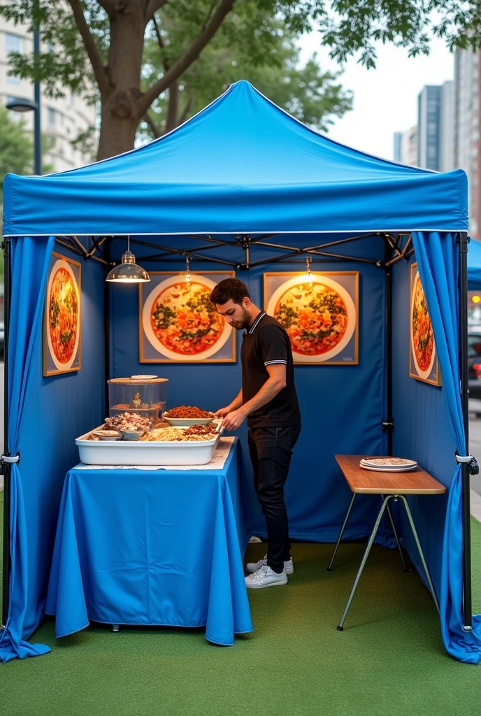I would like you to make me a 3x3 tent as if it were a small street business to sell prepared seafood. I would like the tent to be blue and for it to be a closed tent and where the walls of the tents are.. There would be photographs of paintings of seafood dishes and that the tent is 3 m by 3 m, that is to say, maximum one work table(Folding table with a blue tablecloth and on the table a cooler with the seafood inside with which it will be prepared (In the form of a table for the trainer and a maximum of two tables for the Clients with chairs for 4 people, but still with the synthetic grass below