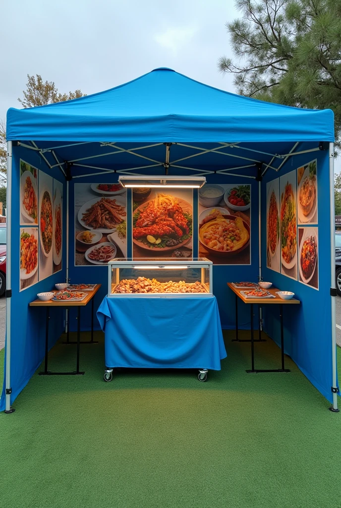 I would like you to make me a 3x3 tent as if it were a small street business to sell prepared seafood. I would like the tent to be blue and for it to be a closed tent and where the walls of the tents are.. There would be photographs of paintings of seafood dishes and that the tent is 3 m by 3 m, that is to say, maximum one work table(Folding table with a blue tablecloth and on the table a cooler with the seafood inside with which it will be prepared (In the form of a table for the trainer and a maximum of two tables for the Clients with chairs for 4 people, but still with the synthetic grass below
