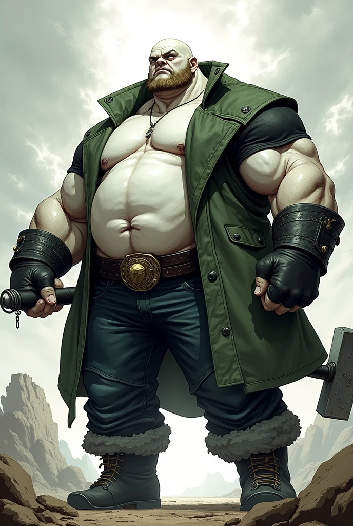 in the Human Comics style create a character, Godri, white in color and smooth in face, with a fat and wide body and very strong and muscular, he had a determined look and an imposing presence, without a beard. He wears a short moss green coat and a black shirt underneath, dark jeans with round steel-toed boots, a black leather glove and a large war hammer.