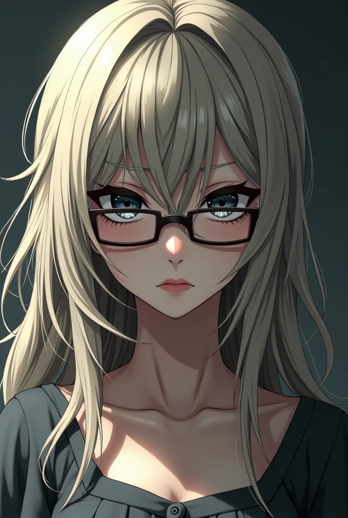 An anime lady with long messy pale blonde hair with black roots, her eyes are black and sharp and she wears recrangular glasses and a gray dress