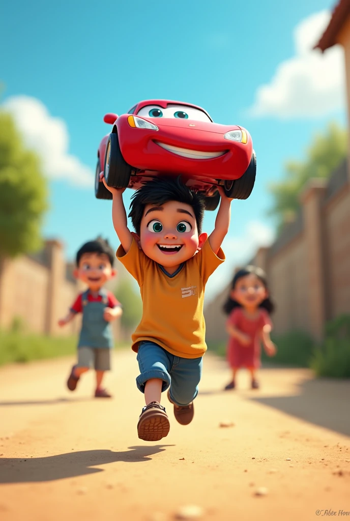 Hassan running outside, holding the red toy car proudly, with a big smile on his face. His friends, Ali and Sara, are visible in the distance, waiting with eager expressions. The setting is a sunny day with a clear blue sky.