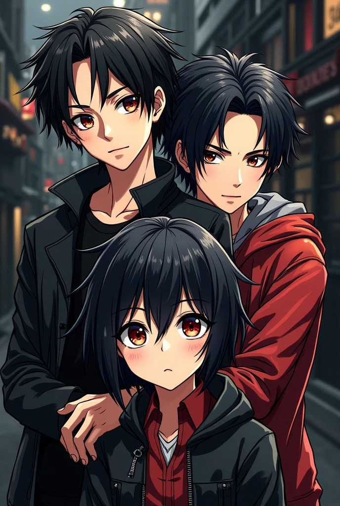 Generate a tattoo image of 2 male siblings and a female, Inspired by the Tokyo Revengers series, specifically in myke and manjiro sano and his younger sister, and each of the brothers has a well-defined style and the age difference is only one year between each of them., the woman being the youngest of all, In addition to generating a sense of protection and loyalty among them, In addition to that, they have the clothes of their peers in the series and their ages are 19 for the older brother, 18 for the middle brother, and 17 for the woman., and that it is black and white with color details only in some parts like eyes