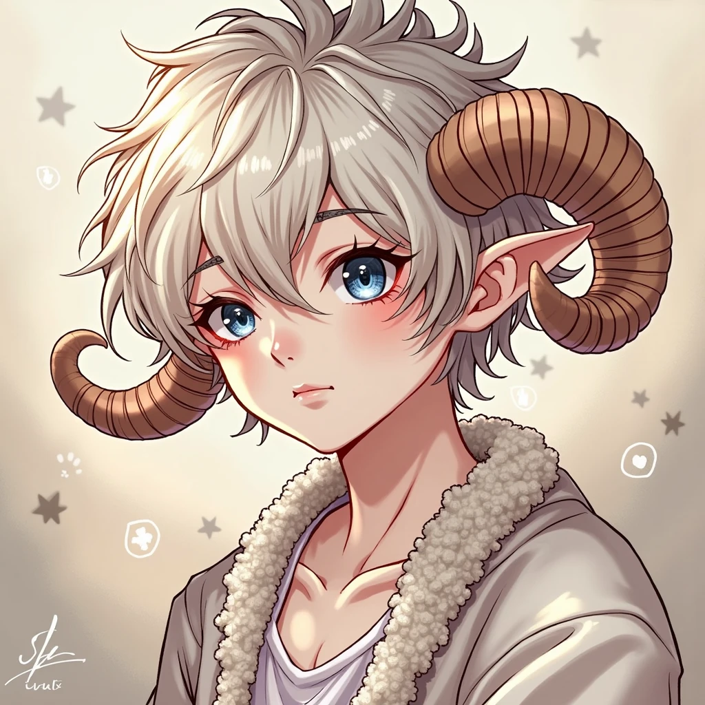 ((best qualityer)), ((work of art)),((oc)), (detailded), 1 boy, slightly wavy white hair, navy blue eyes, Caucasian skin, small curved sheep horns, sheep ear