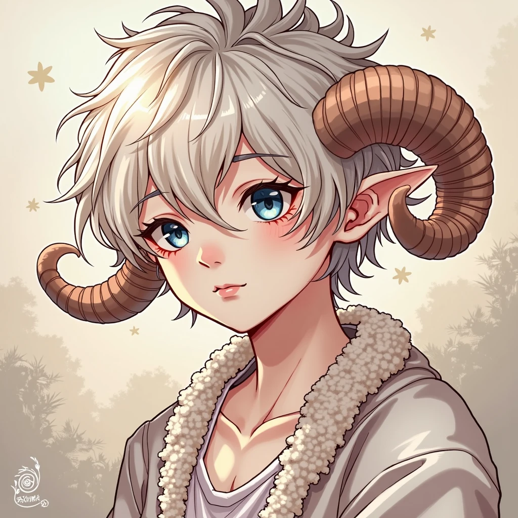 ((best qualityer)), ((work of art)),((oc)), (detailded), 1 boy, slightly wavy white hair, navy blue eyes, Caucasian skin, small curved sheep horns, sheep ear
