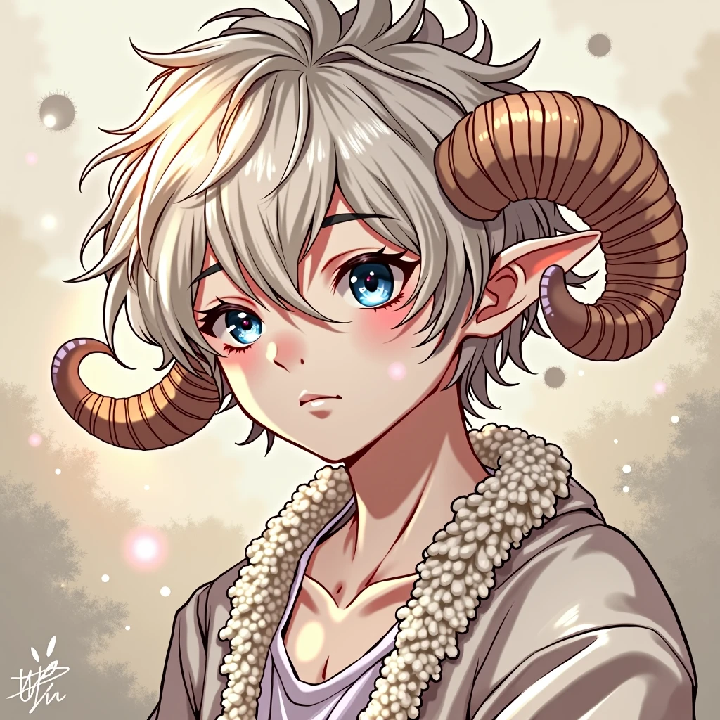 ((best qualityer)), ((work of art)),((oc)),  (detailded), 1 boy, slightly wavy white hair, navy blue eyes, Caucasian skin, small curved sheep horns, sheep ear