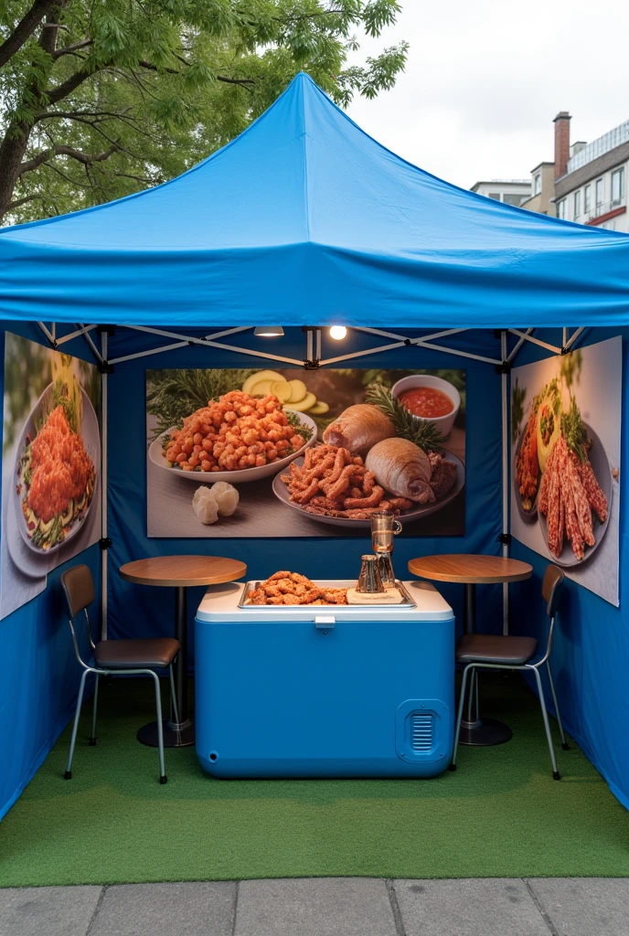 I would like you to make me a 3x3 tent as if it were a small street business to sell prepared seafood. I would like the tent to be blue and for it to be a closed tent and where the walls of the tents are.. There would be photographs of paintings of seafood dishes and that the tent is 3 m by 3 m, that is to say, maximum one work table(Folding table with a blue tablecloth and on the table a cooler with the seafood inside with which it will be prepared (In the form of a table for the trainer and a maximum of two tables for the Clients with chairs for 4 people, but still with the synthetic grass below