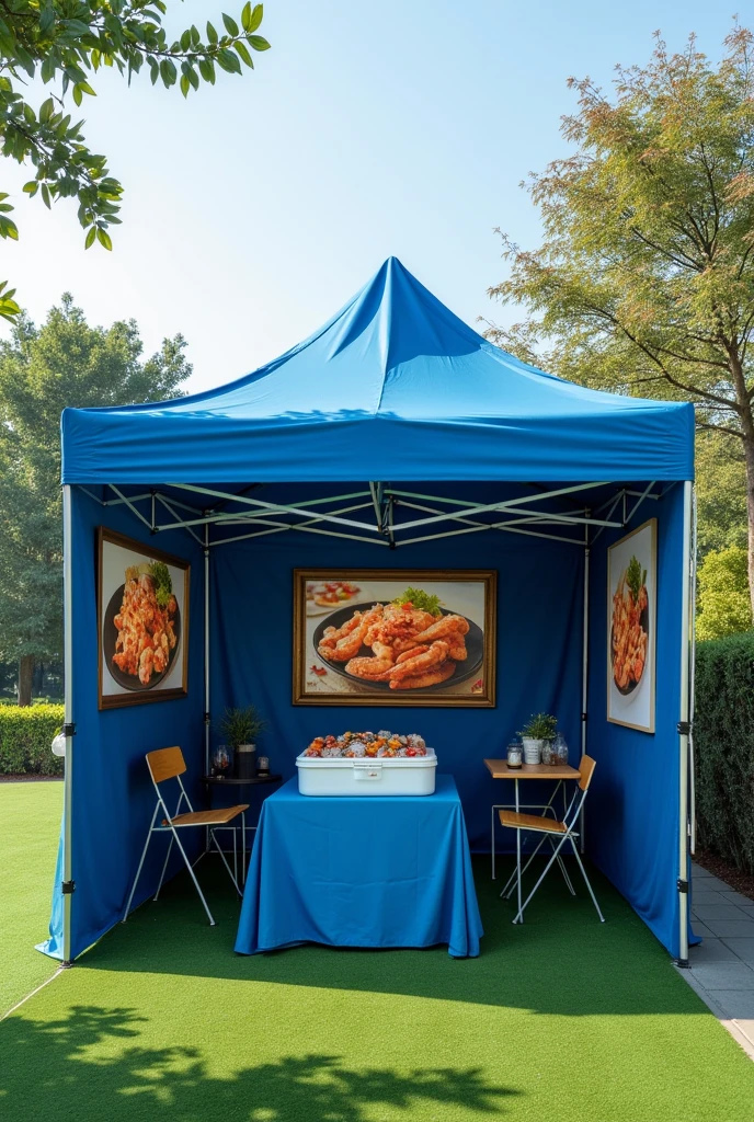 I would like you to make me a 3x3 tent as if it were a small street business to sell prepared seafood. I would like the tent to be blue and for it to be a closed tent and where the walls of the tents are.. There would be photographs of paintings of seafood dishes and that the tent is 3 m by 3 m, that is to say, maximum one work table(Folding table with a blue tablecloth and on the table a cooler with the seafood inside with which it will be prepared (In the form of a table for the trainer and a maximum of two tables for the Clients with chairs for 4 people, but still with the synthetic grass below